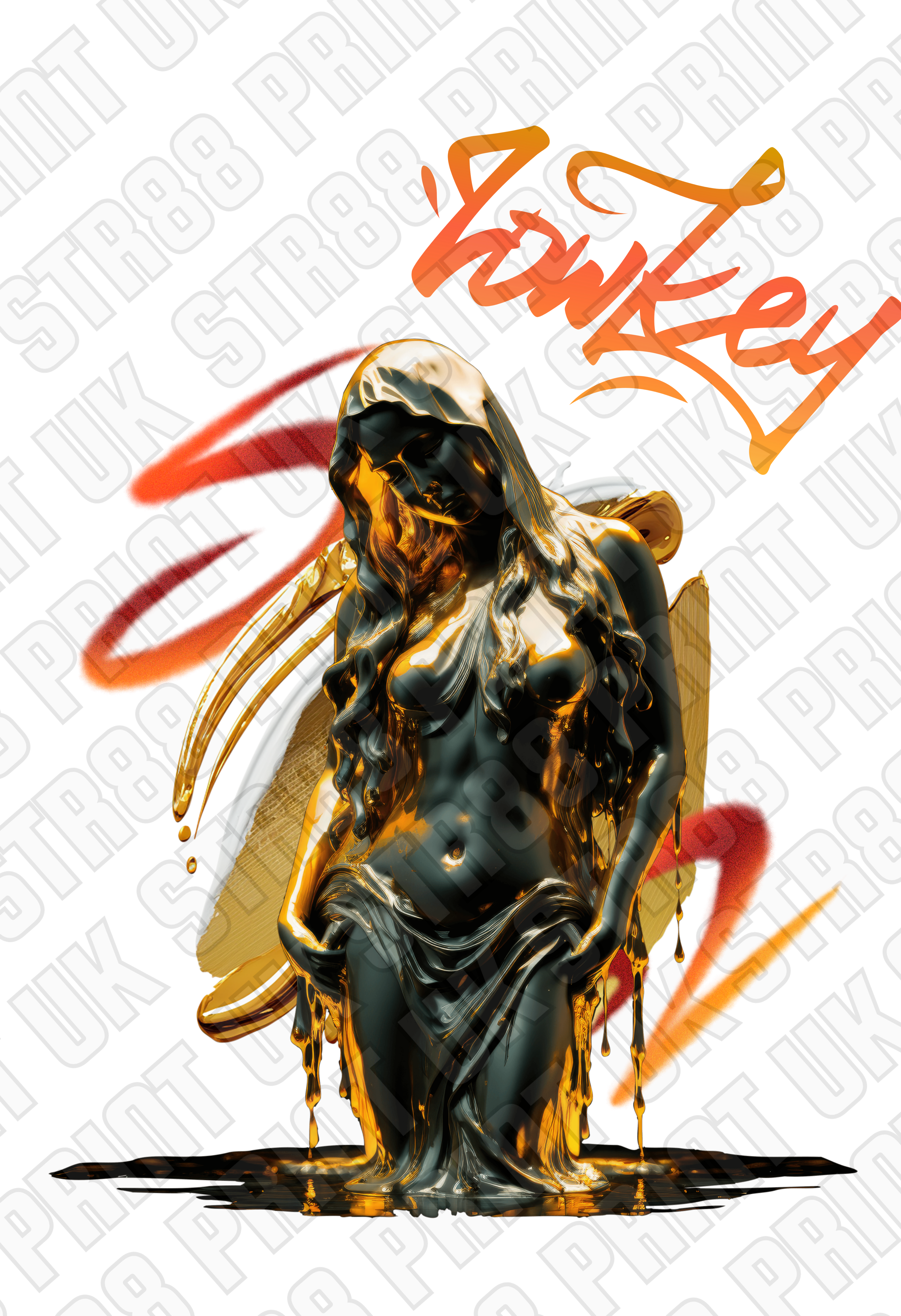 Gold Drip Woman DTF Transfer – Luxury Black & Gold Abstract Female Design