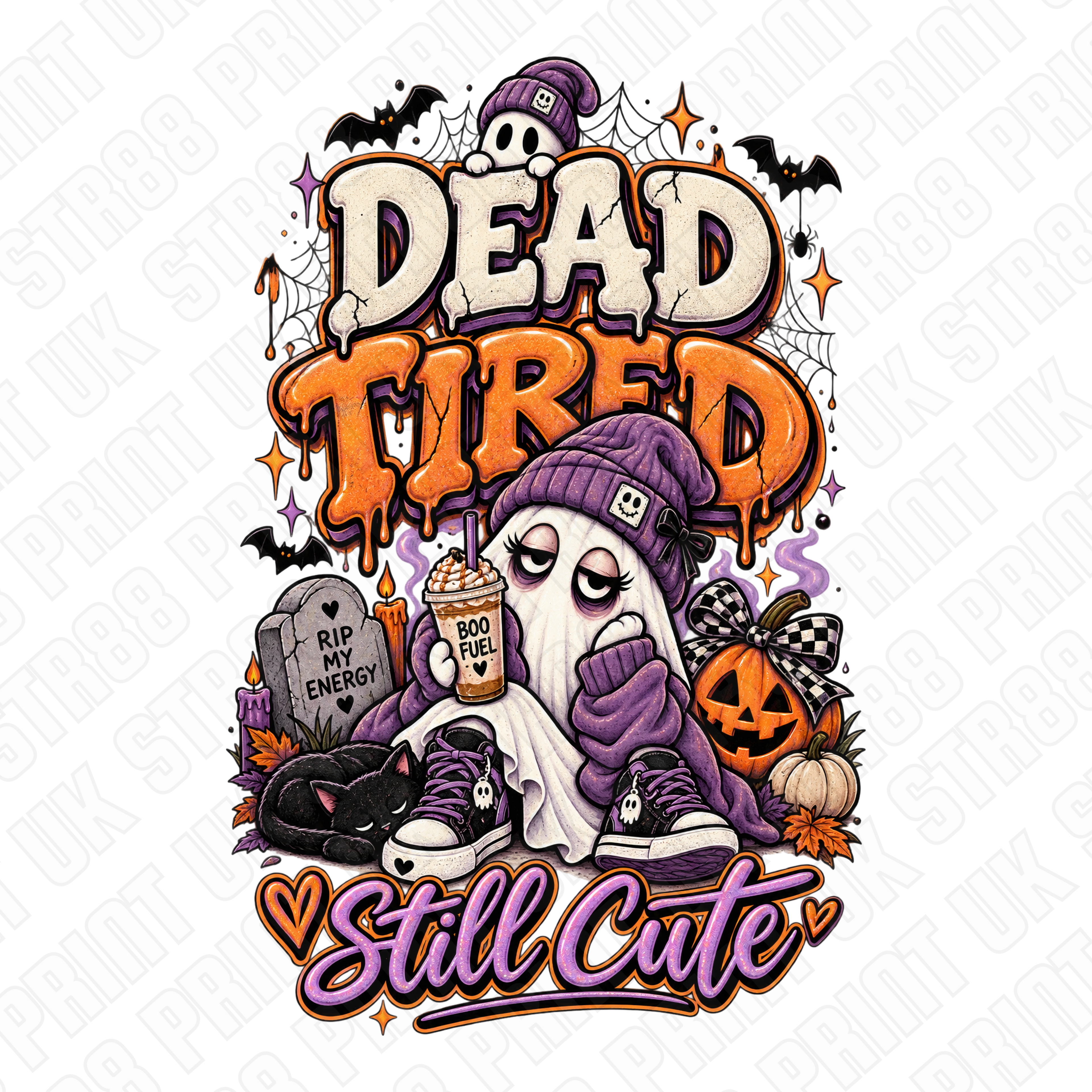 Dead Tired Still Cute Halloween DTF Transfer – Cute Ghost & Pumpkin Design