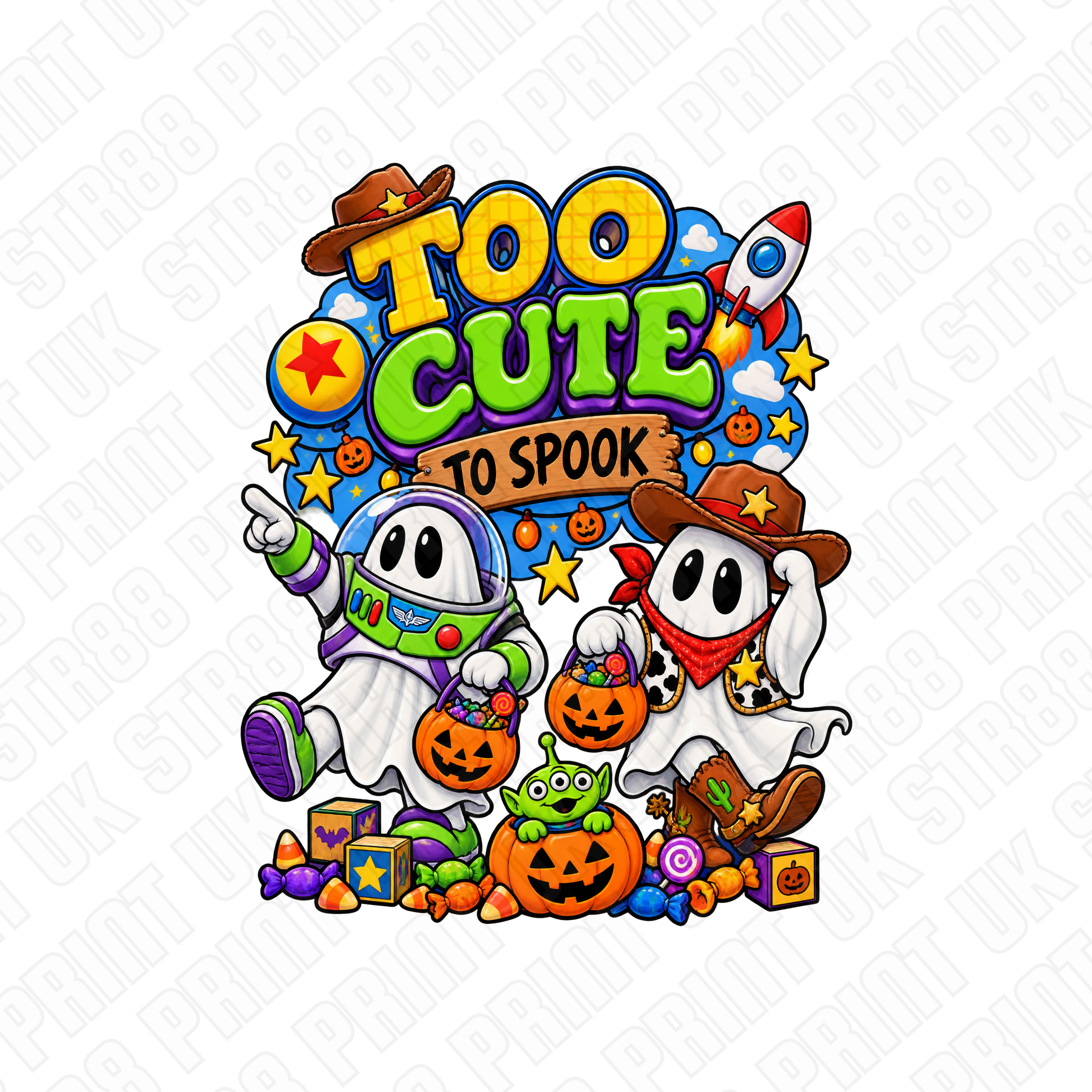 Toy Cute To Spook Halloween DTF Transfer – Space Cowboy Ghost Design