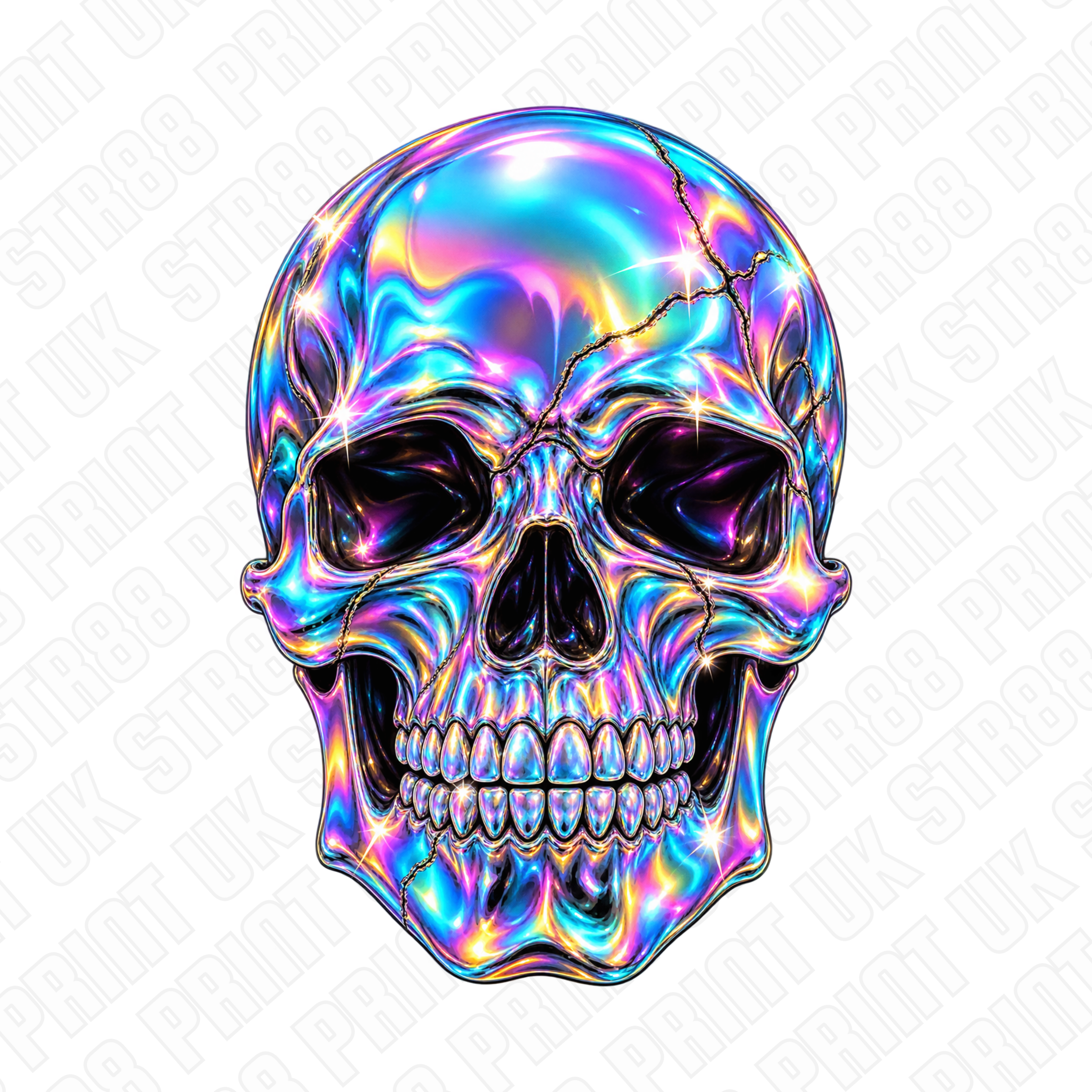Holographic Skull DTF Transfer – Iridescent Chrome Rainbow Skull Design