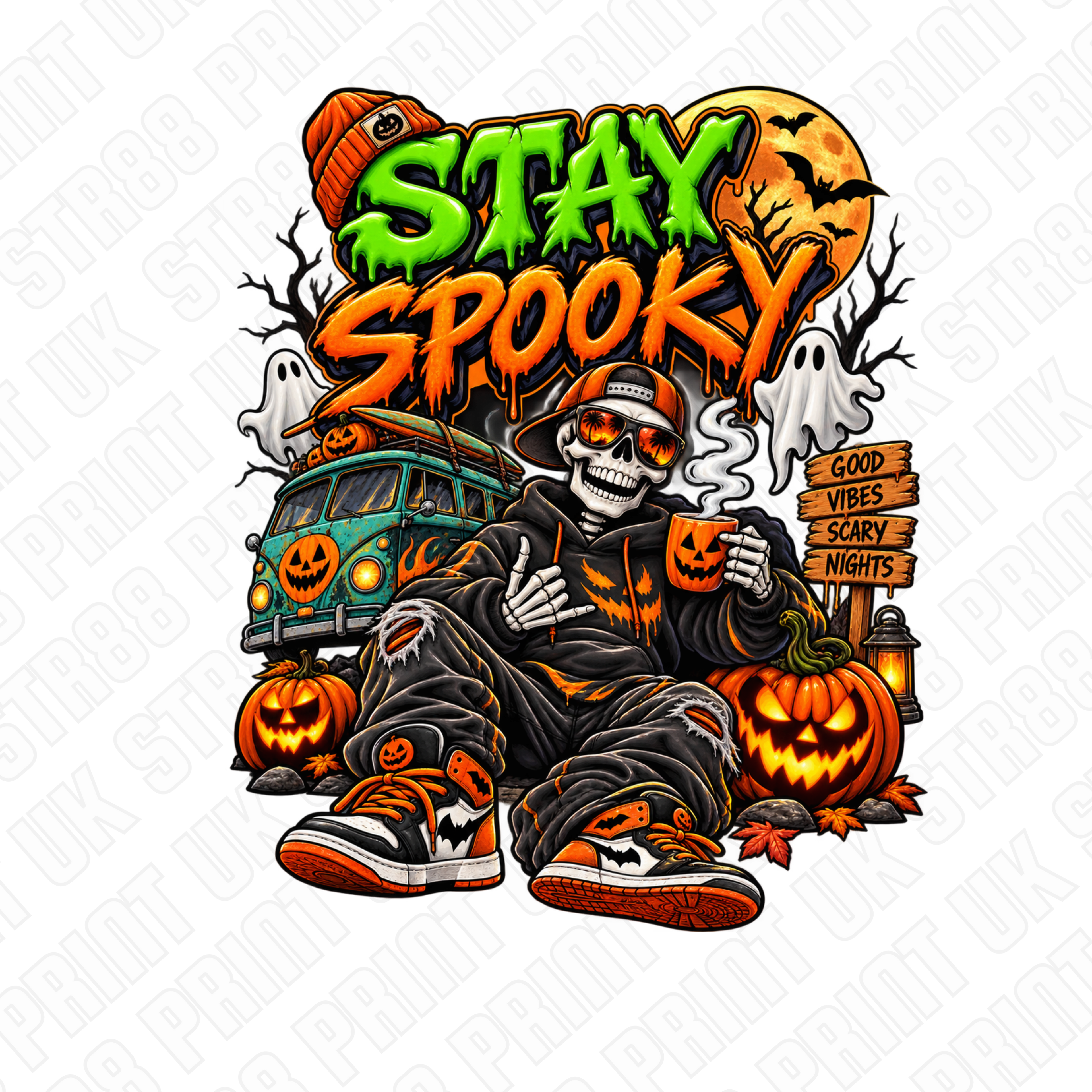 Stay Spooky Skeleton Halloween DTF Transfer – Retro Streetwear Pumpkin Design