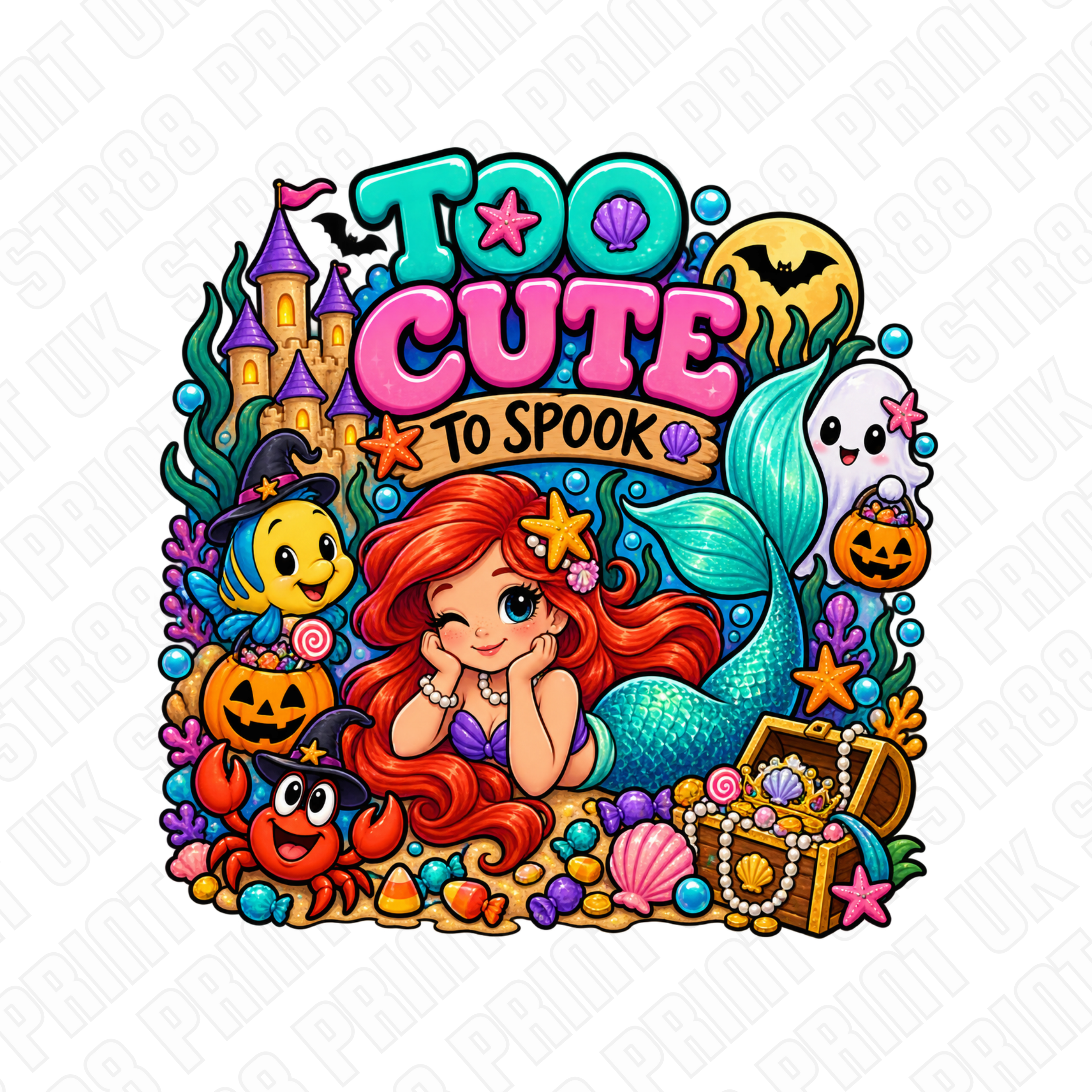 Too Cute To Spook Mermaid Halloween DTF Transfer – Under The Sea Trick or Treat Design