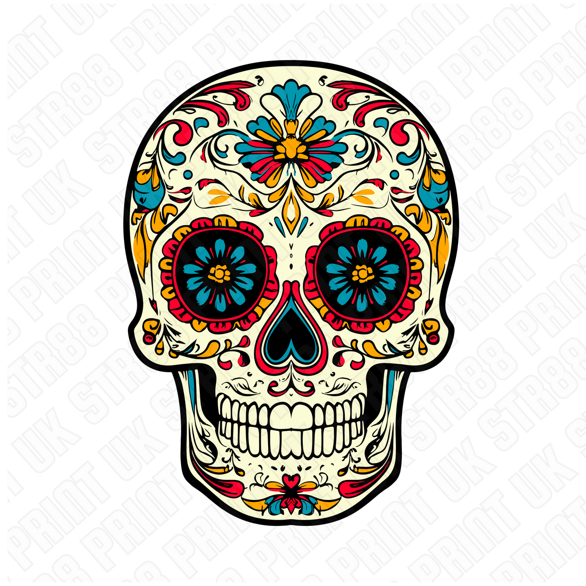 Sugar Skull DTF Transfer – Colorful Day of the Dead Skull – Ready to Press